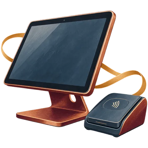 Tablet on a stand next to a small card reader